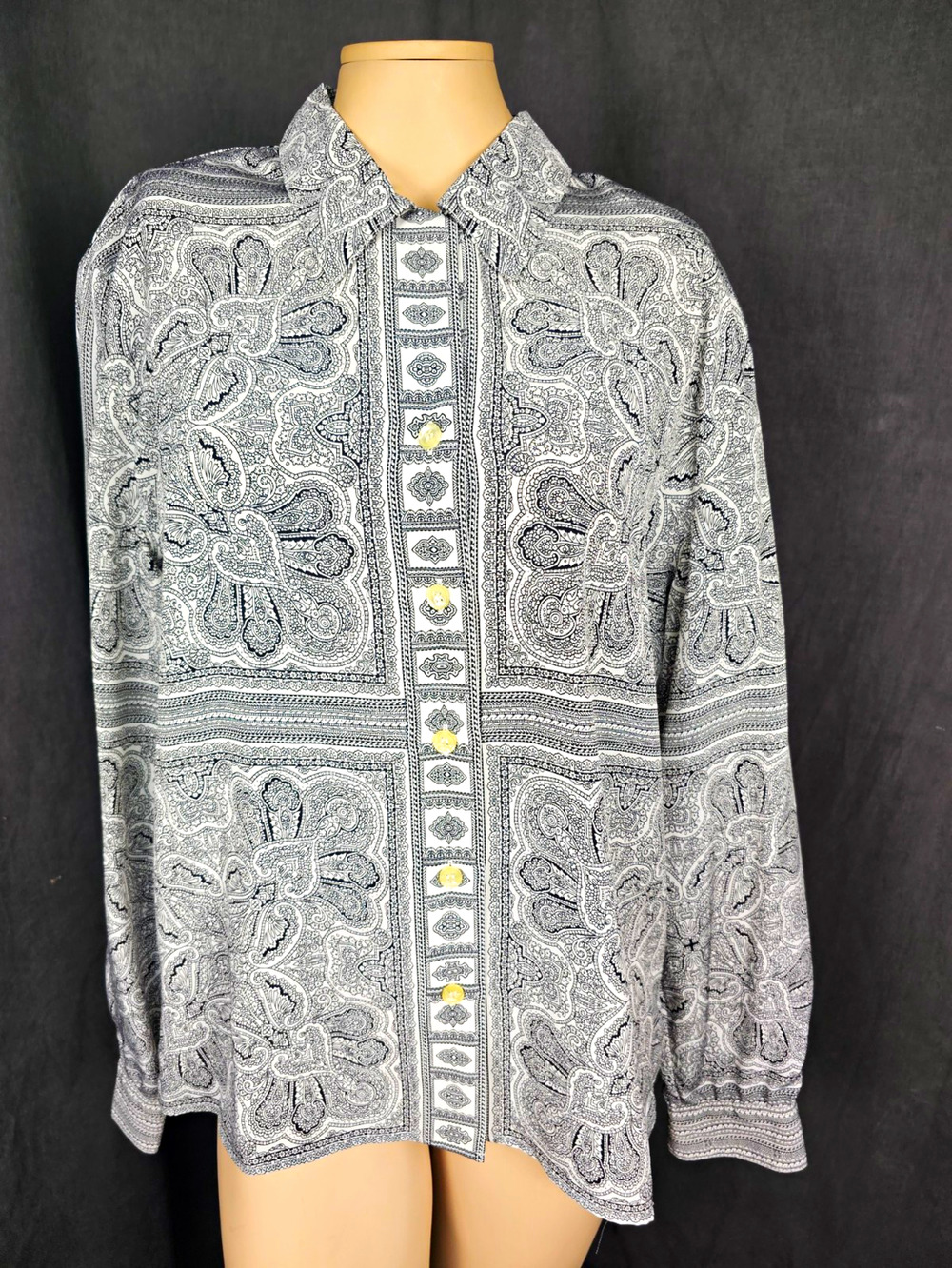 Vintage Paisley Bandana Print Button Up Shirt Sz 10 Geometric Border Long Sleeve